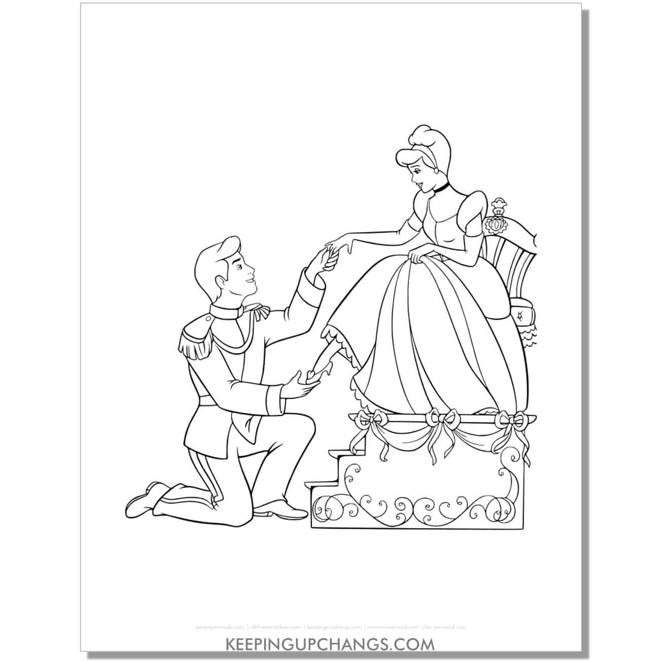 prince charming kneels before cinderella coloring page, sheet.