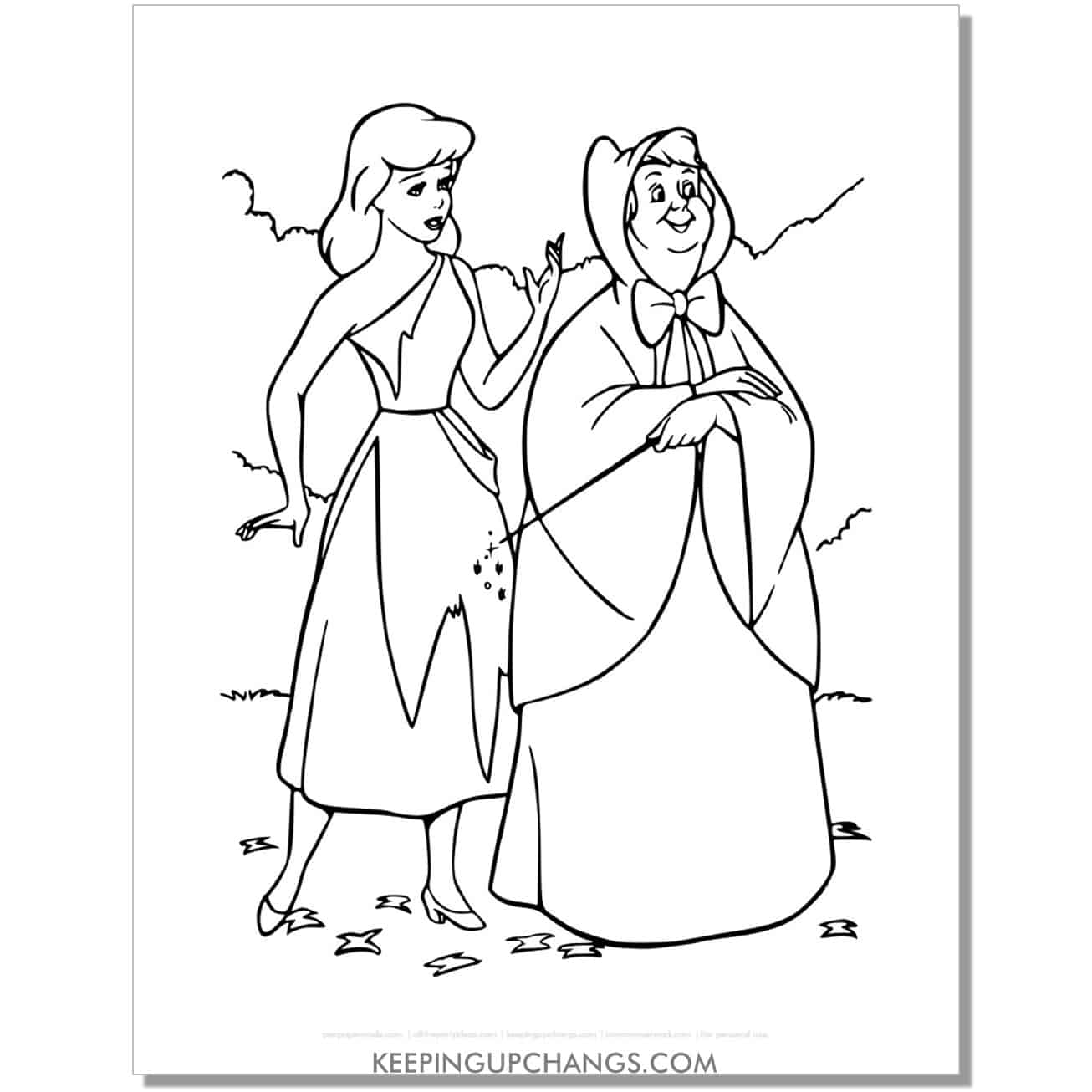cinderella in raggedy clothes with fairy godmother coloring page, sheet.
