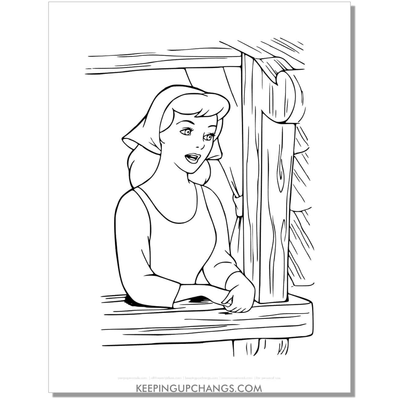 cinderella peering out window coloring page, sheet.