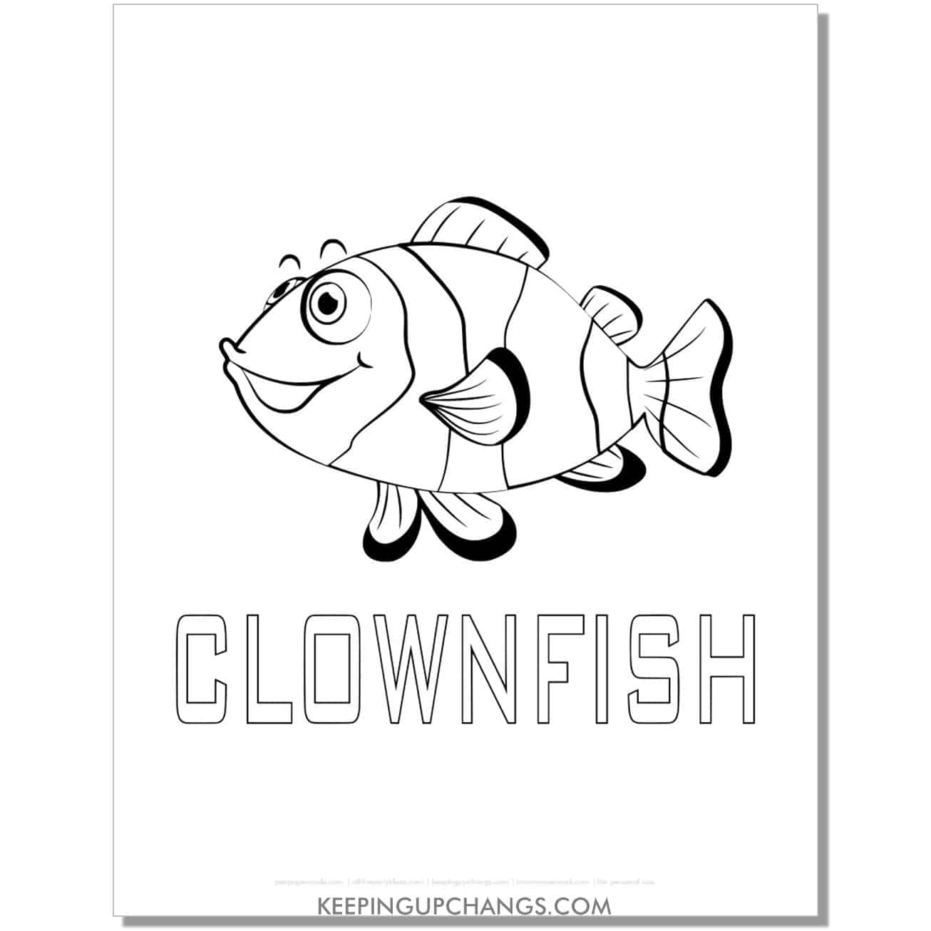 free clownfish word coloring page, sheet.