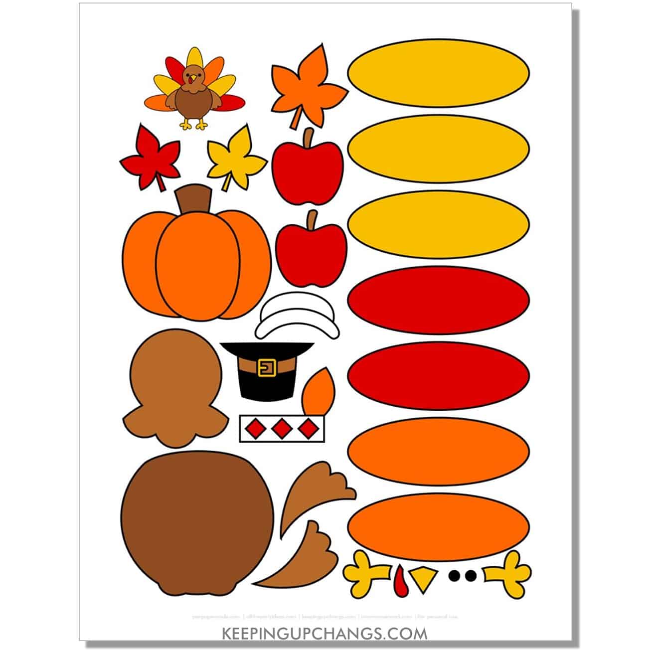 easy build a turkey template for kindergarten with feathers, body, hat, accessories in color.