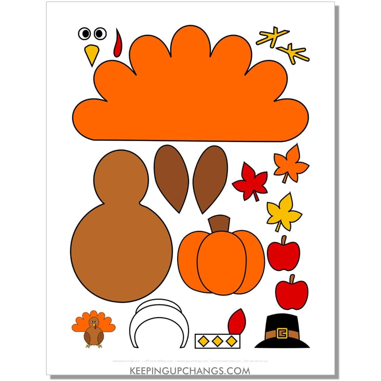 easy build a turkey template for preschool with feathers, body, hat, accessories in color.