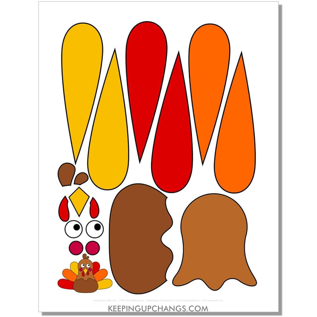 easy build a turkey template for toddler with feathers, body, hat, accessories in color.