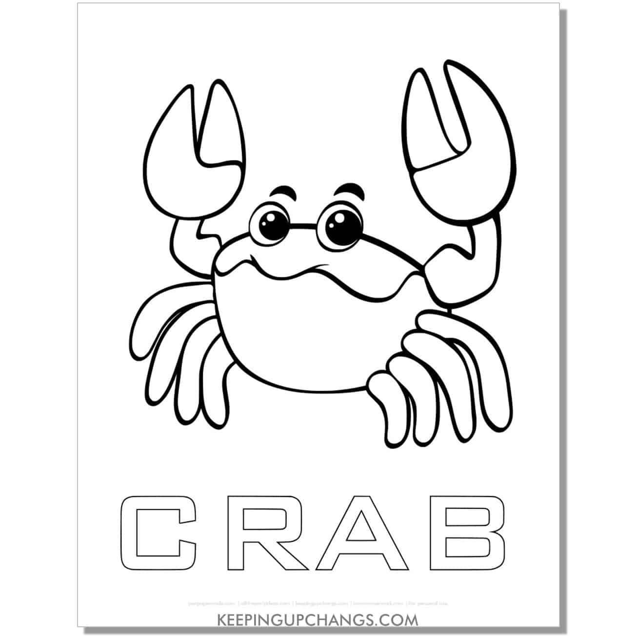 free crab with word coloring page, sheet.
