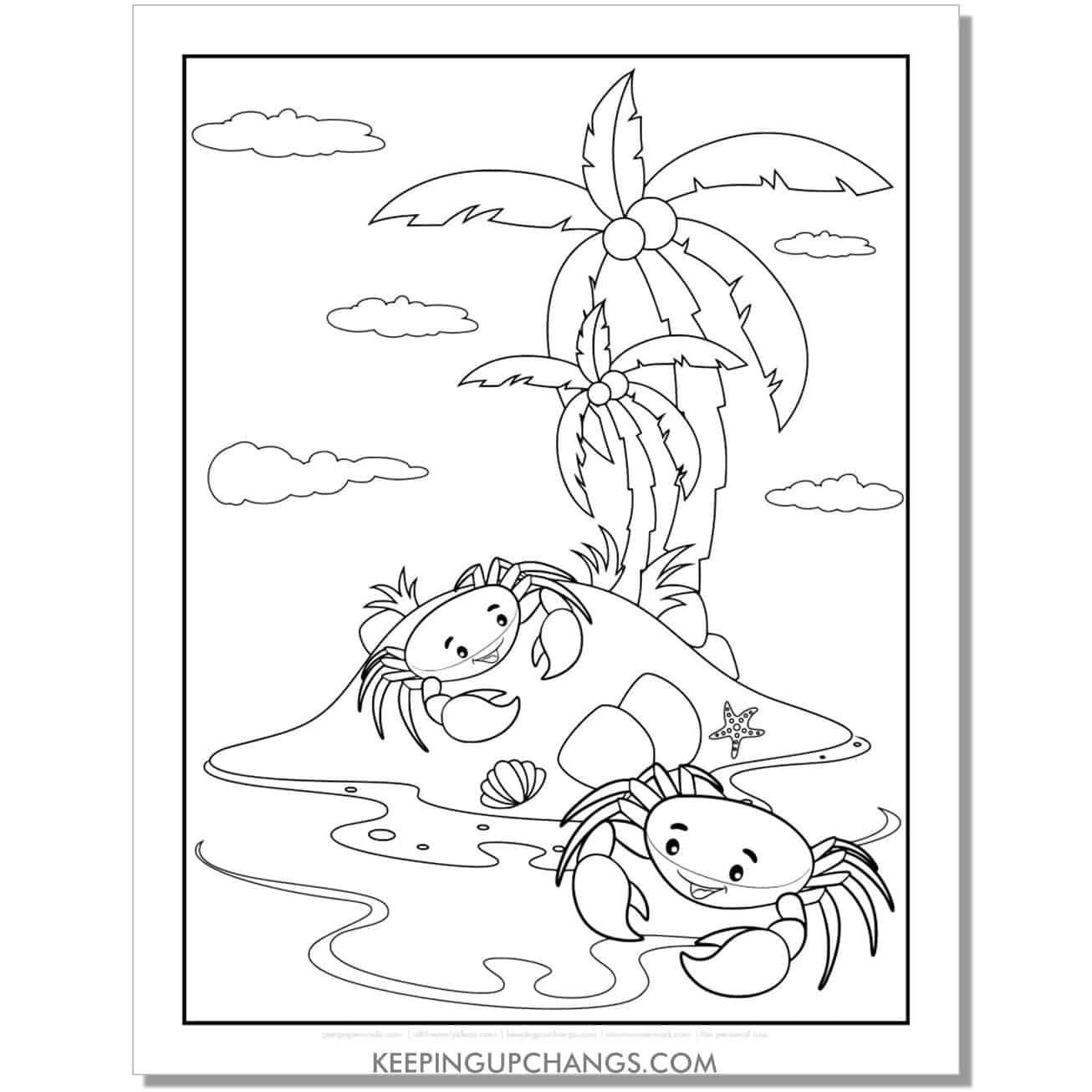 free crabs on island beach coloring page, sheet.