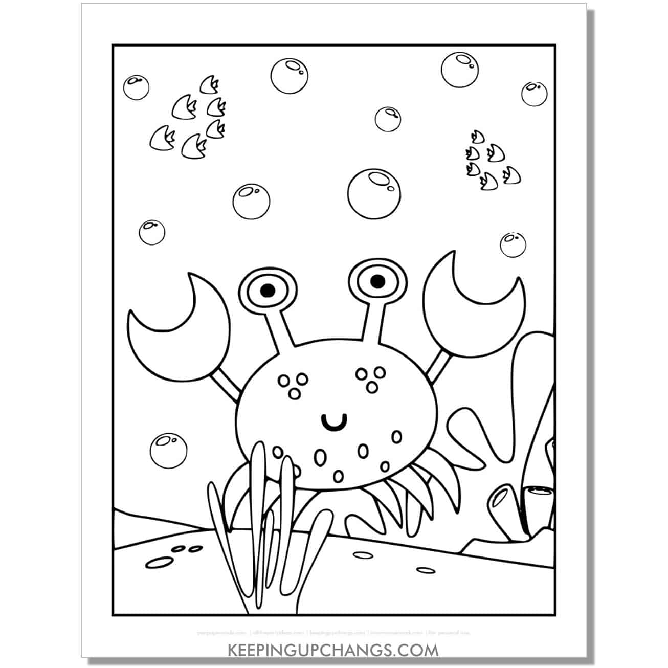 free crab in ocean coloring page, sheet.