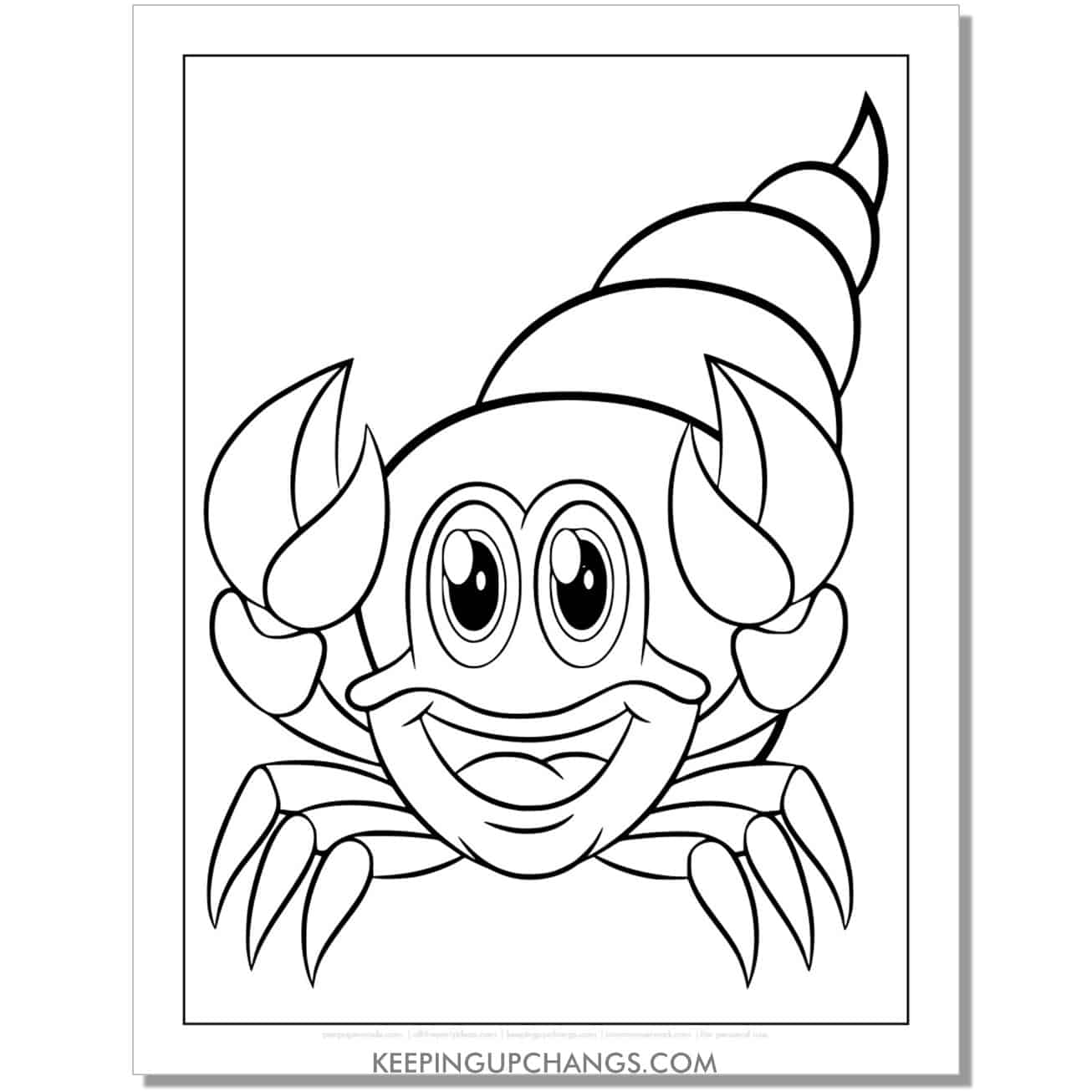free cartoon hermit crab with big eyes coloring page, sheet.