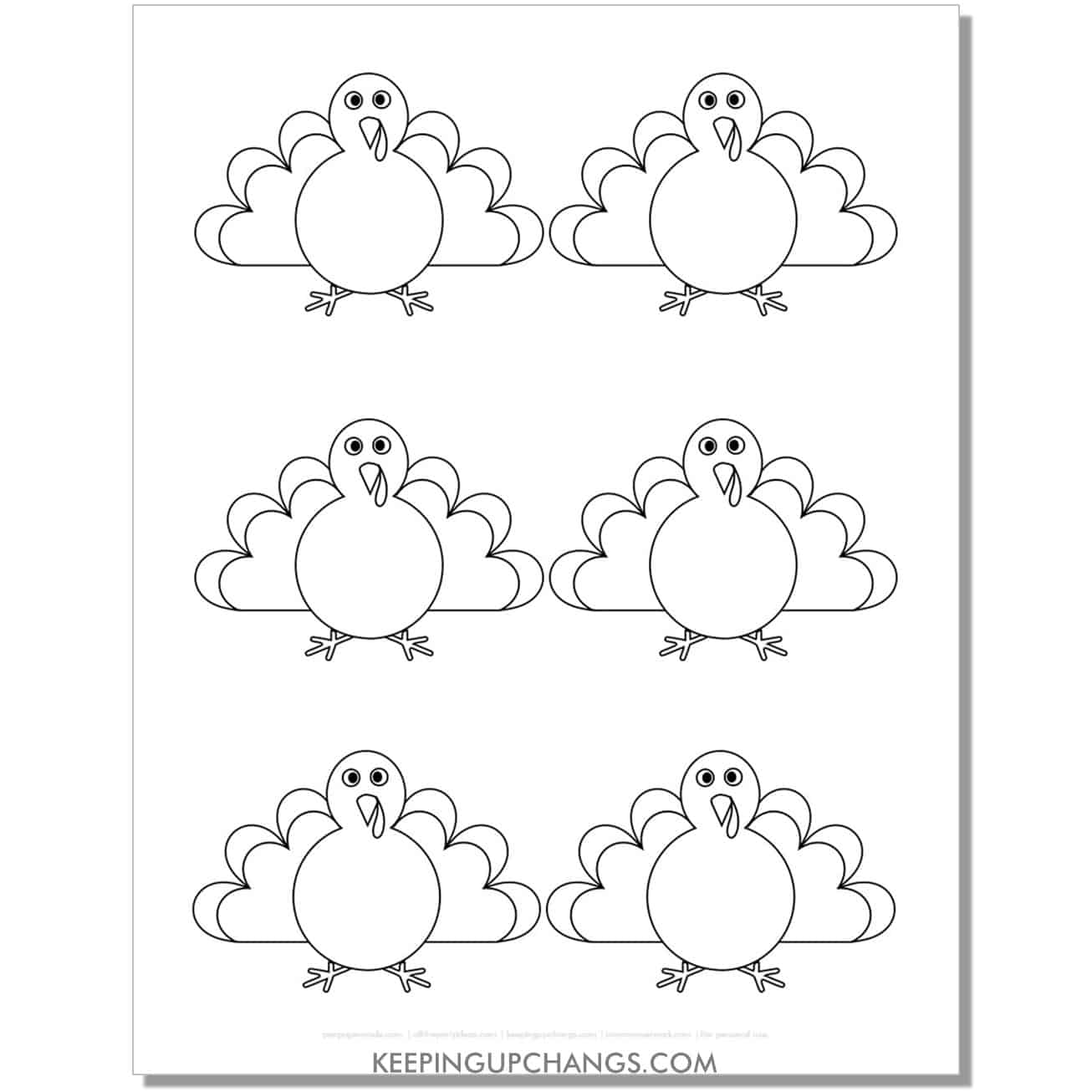 small funny turkey template, outline with 6 on a page.