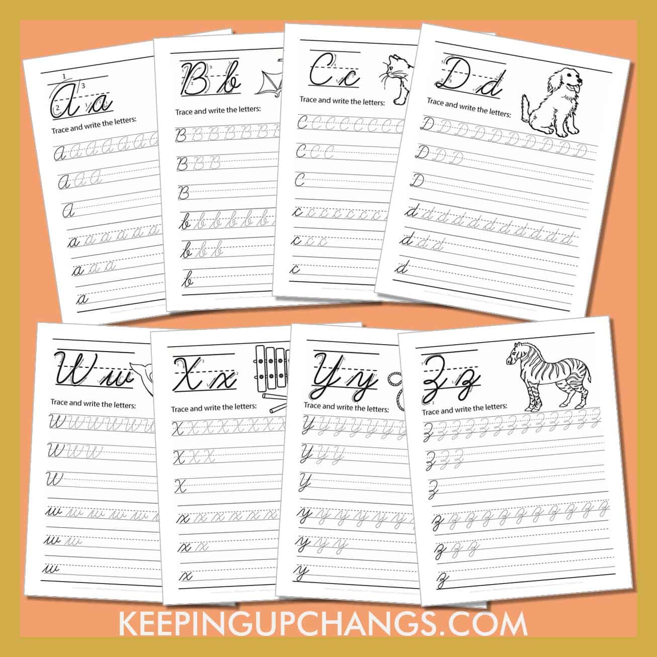 free cursive worksheet printables with a to z letters and pictures.
