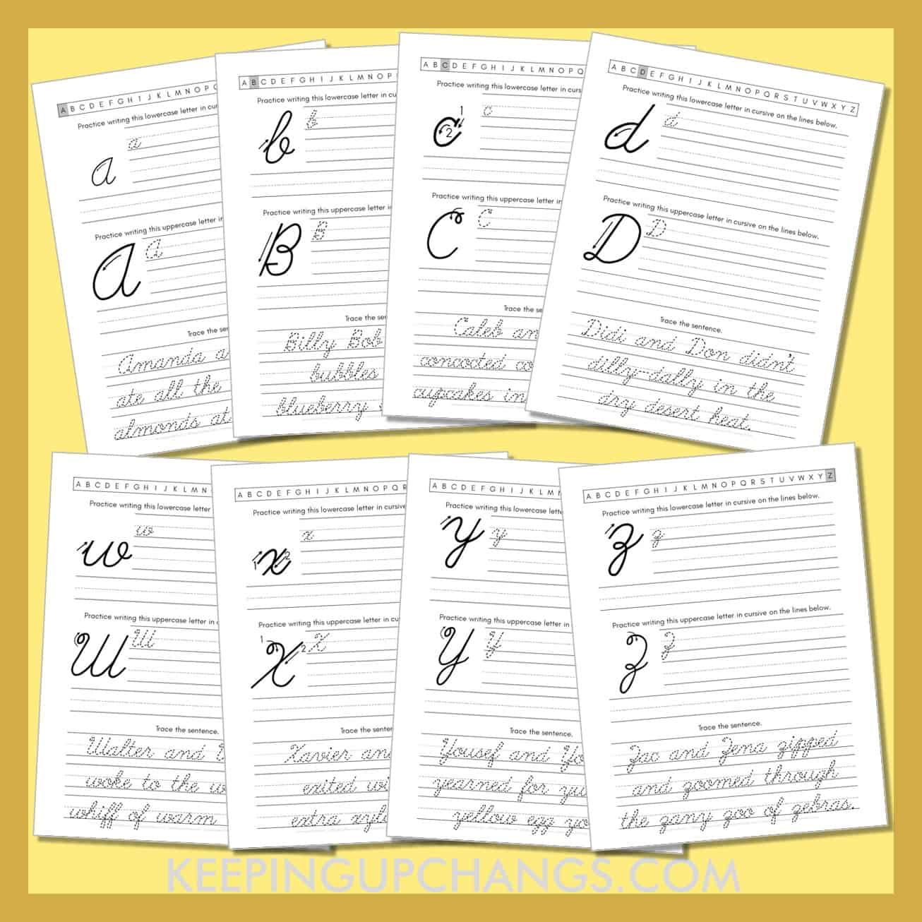 free cursive worksheet printables with alphabet letters and sentences.