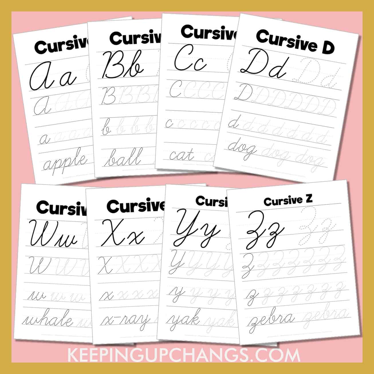 free cursive worksheet printables with a to z letters in large font size.