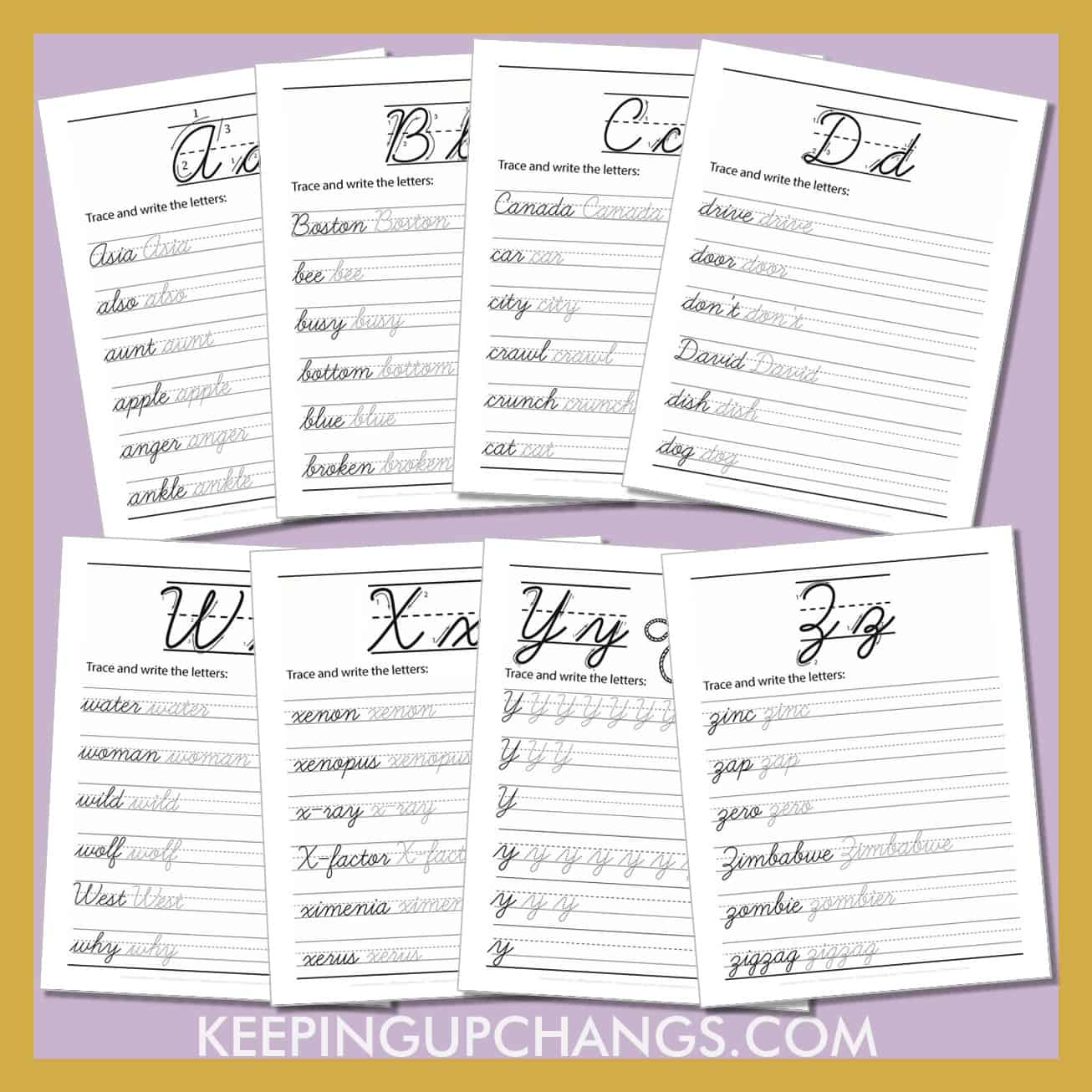 free cursive worksheet printables with words for each letter of alphabet.