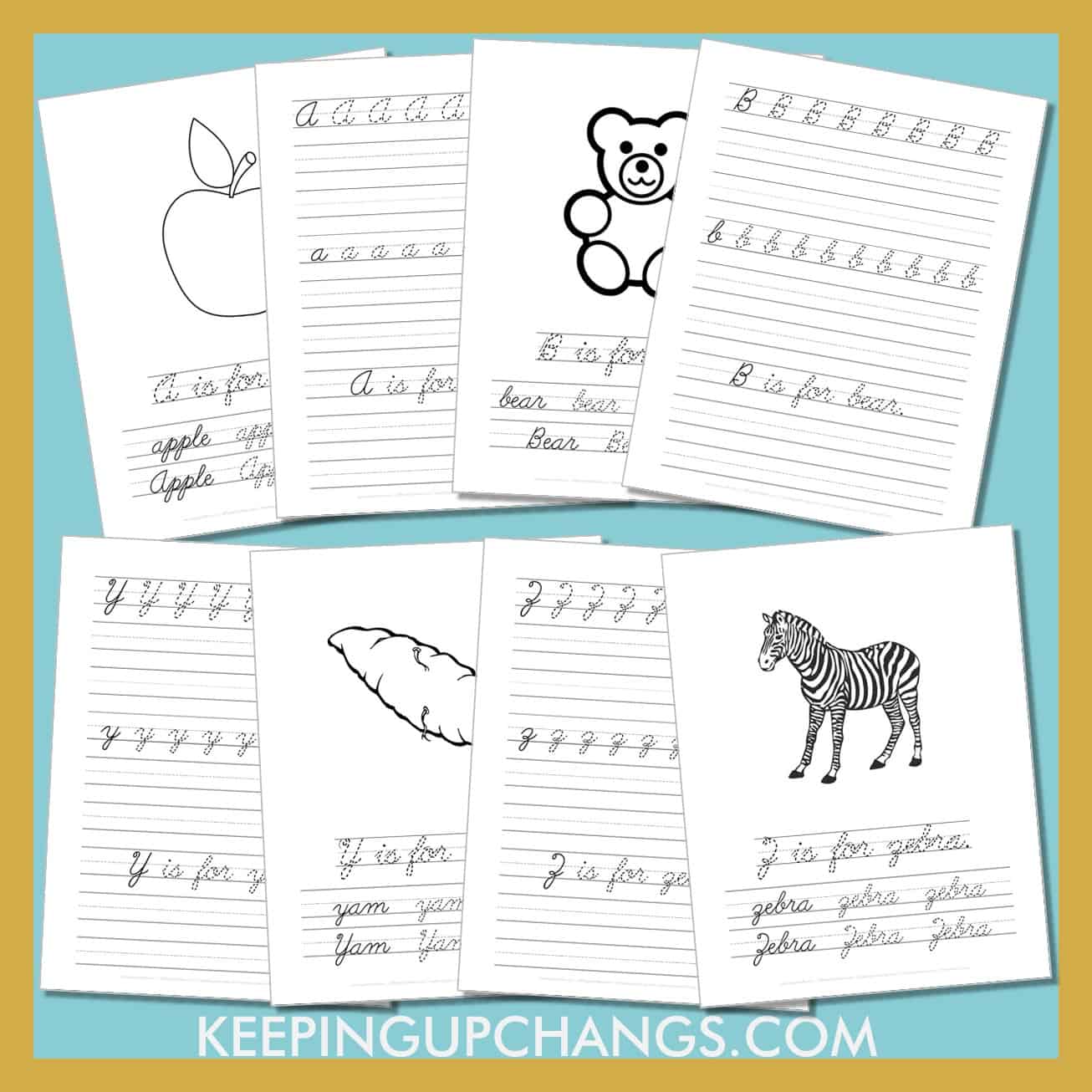 free cursive worksheet printables with image, upper and lowercase letters, simple sentence.