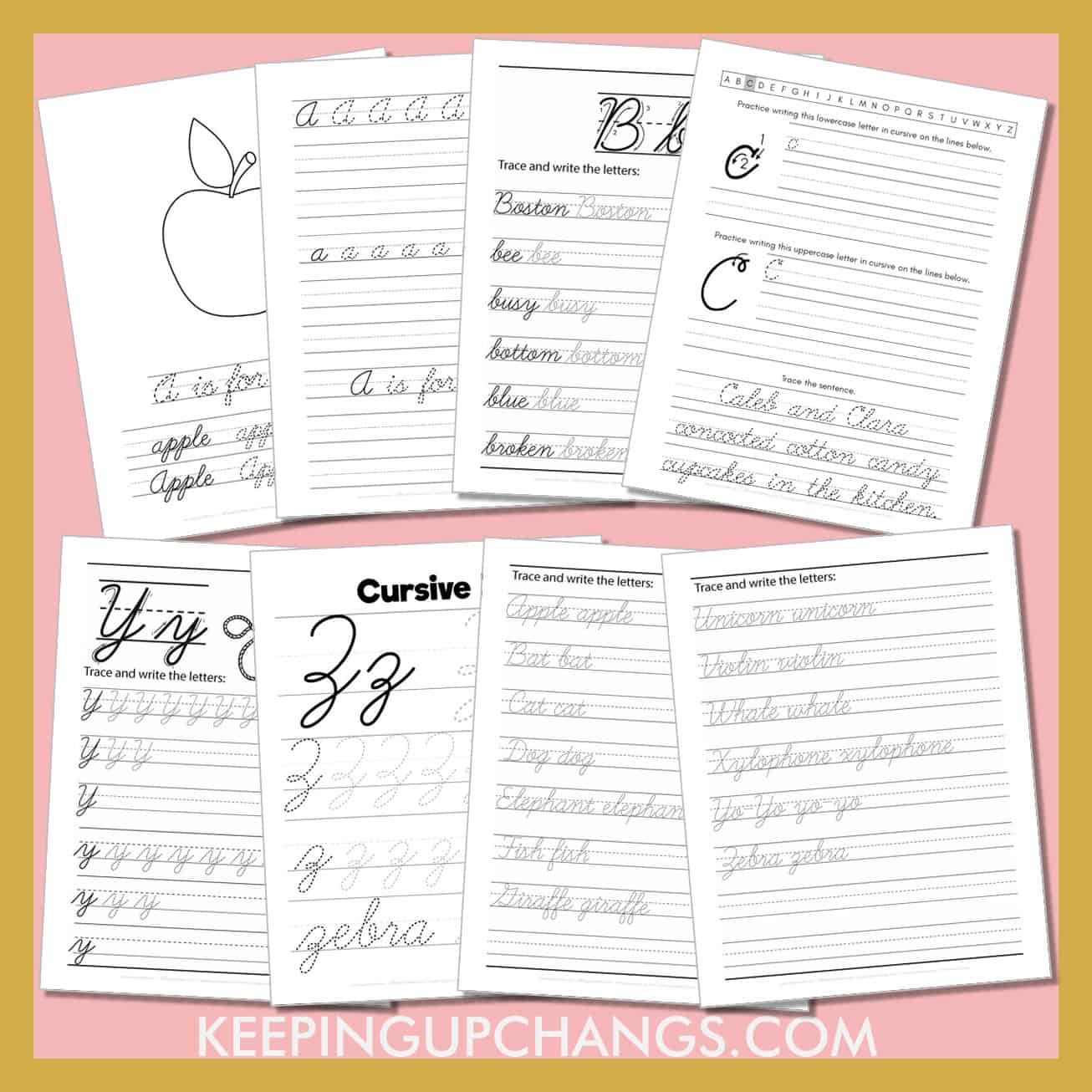 free cursive worksheet printables for elementary, middle, and high school.