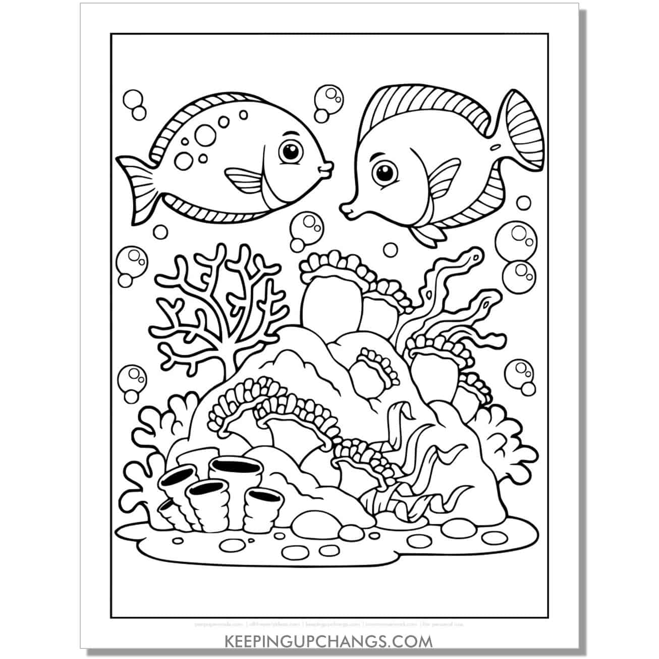 free fun full size coral reef and fish coloring page, sheet.