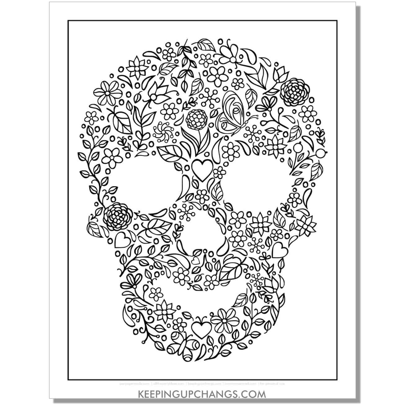 skull collage of flowers and leaves coloring page.