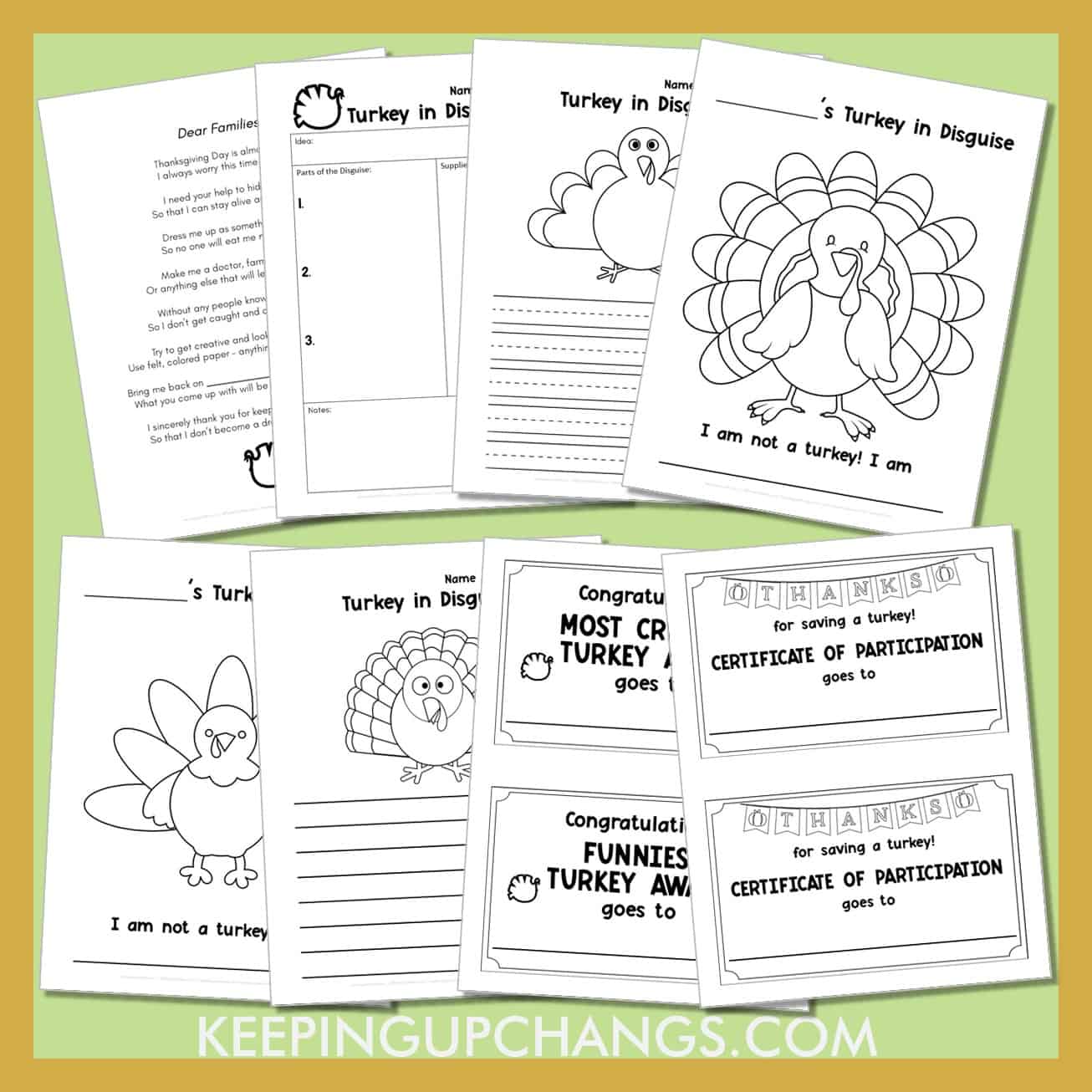 hide the turkey disguise project printables including activity templates, writing worksheets, awards, voting, and more.