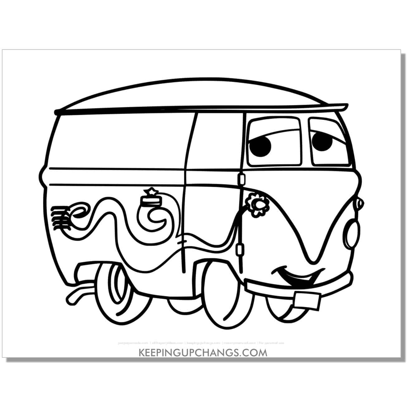 free hippie volkswagon van filmore disney cars coloring page, sheet.