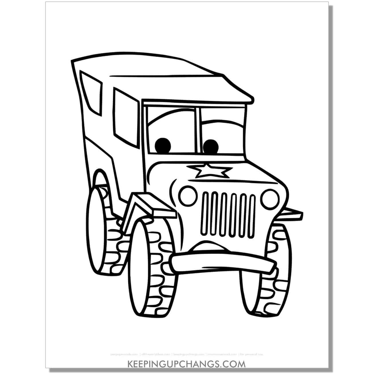 free sarge jeep disney cars coloring page, sheet.