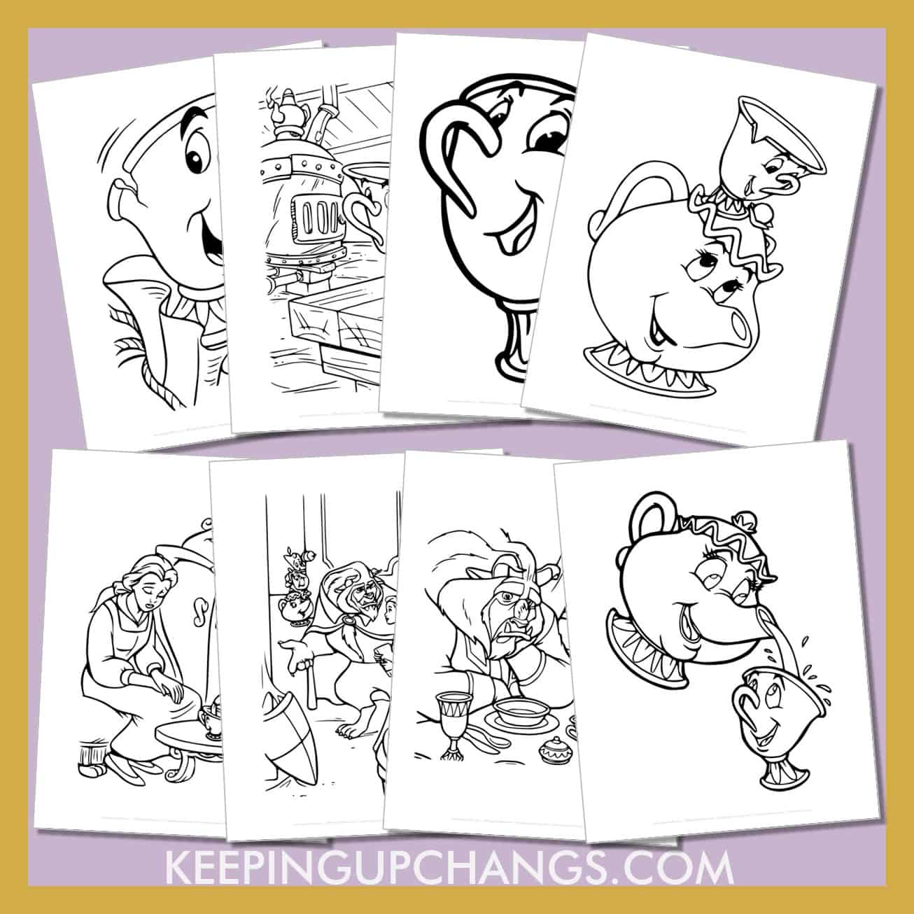 free mrs. potts, chip pictures to color for toddlers, kids, adults.