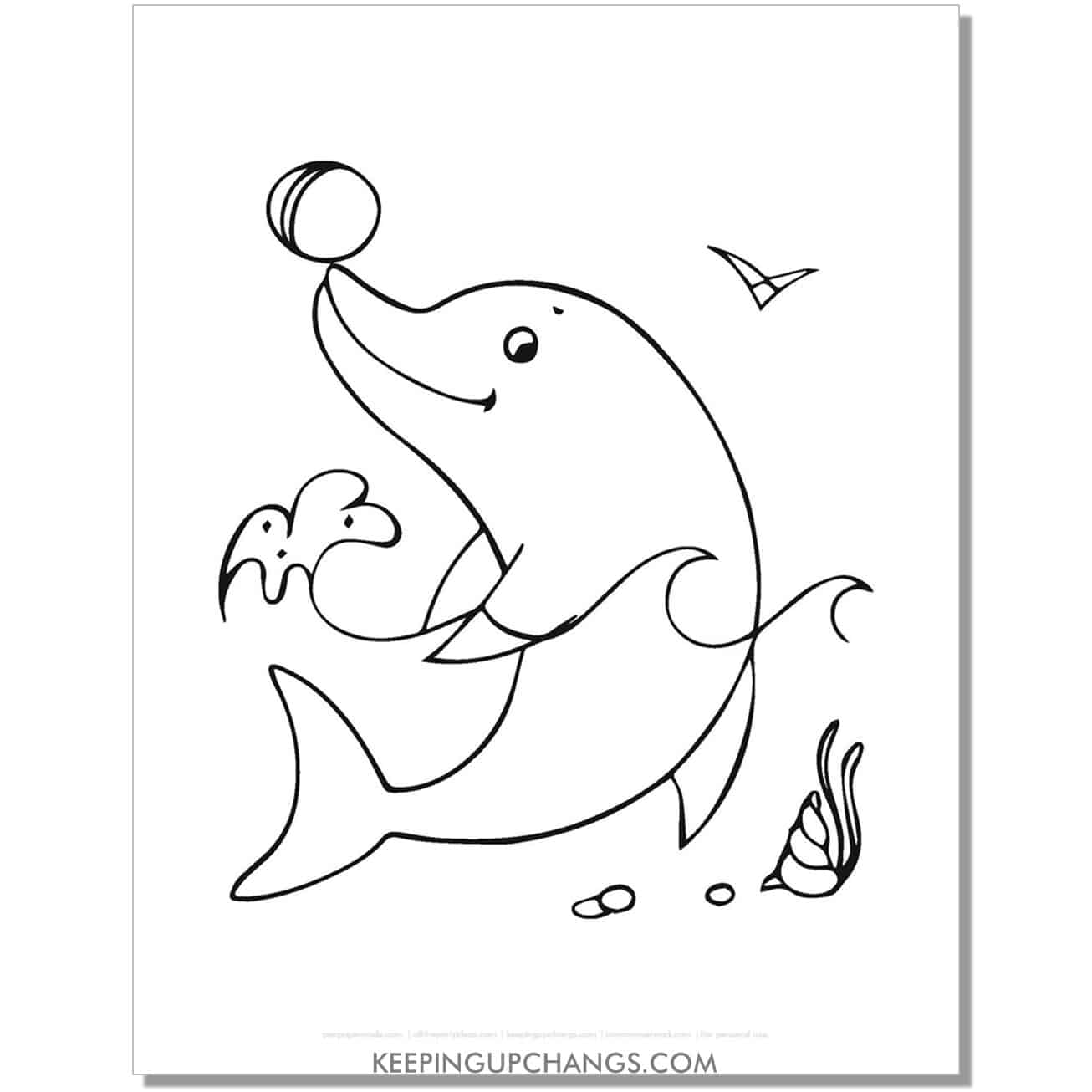 free dolphin with ball in the water coloring page, sheet.