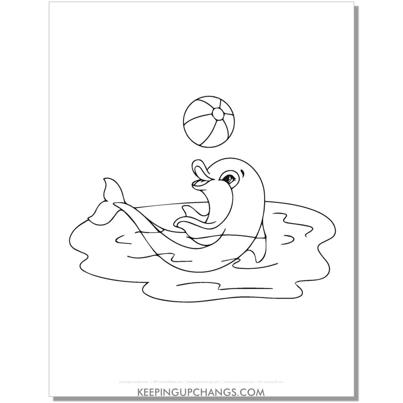 free dolphin submerged in water bouncing ball coloring page, sheet.