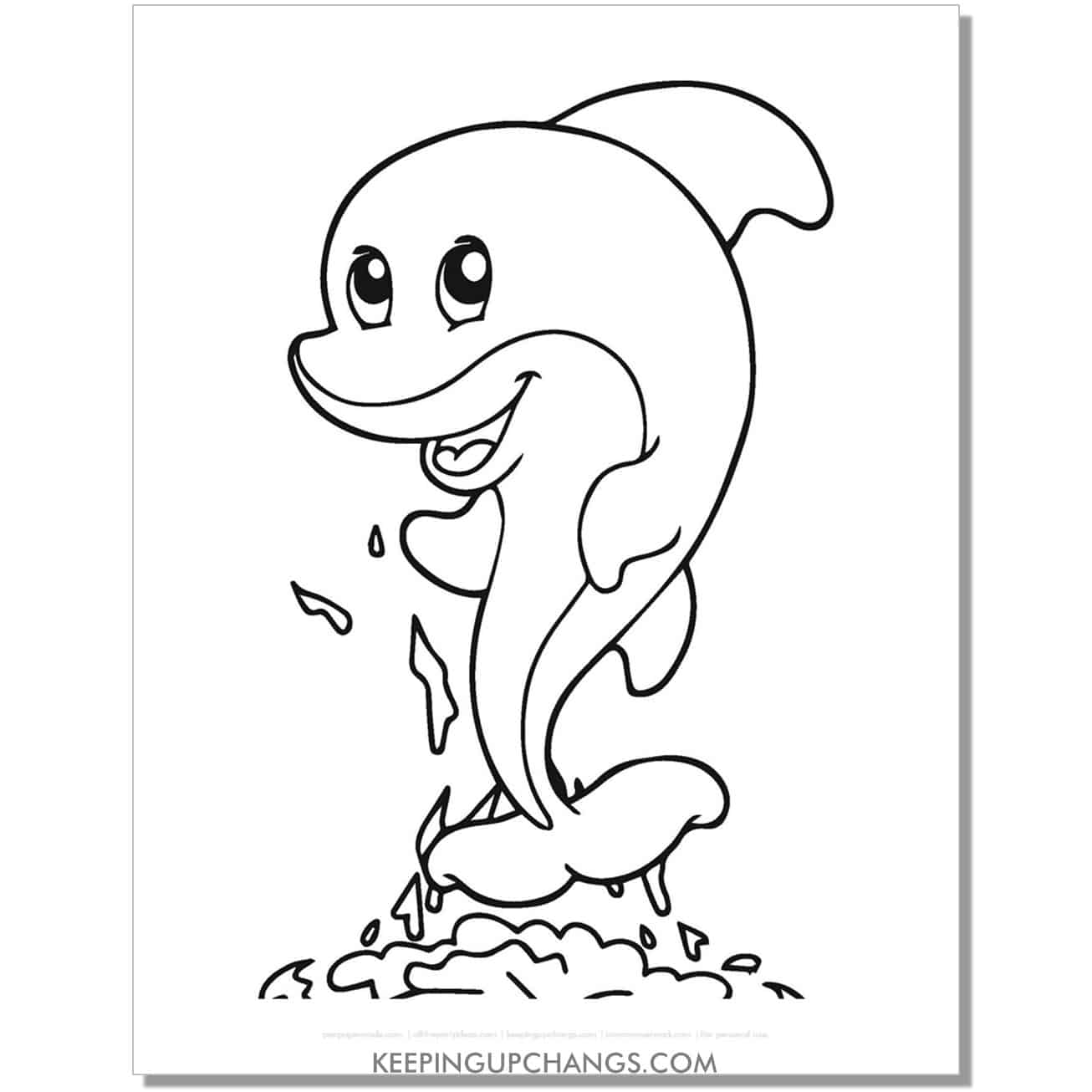 free cute dolphin splashing out of water coloring page, sheet.