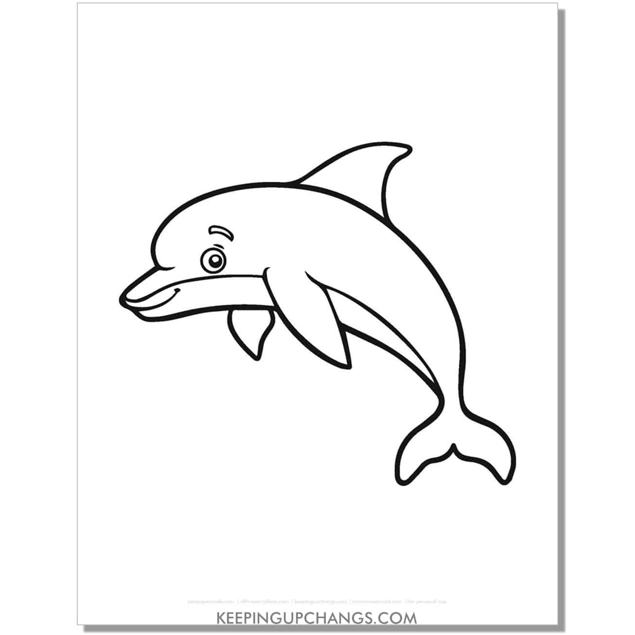 free dolphin facing left coloring page, sheet.