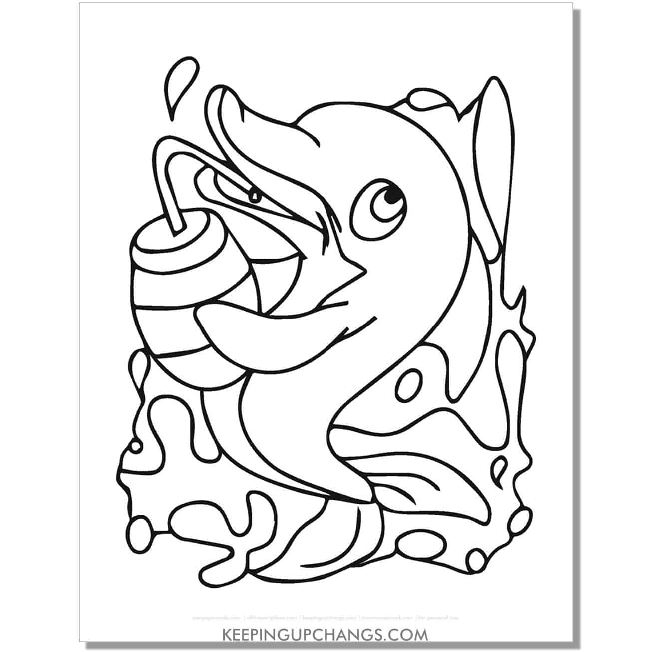 free dolphin sipping on drink coloring page, sheet.