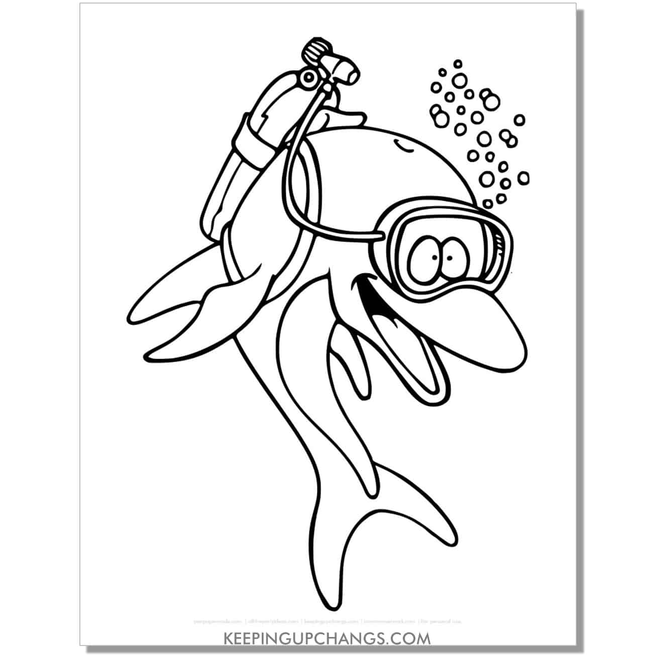 free dolphin with snorkel scuba gear coloring page, sheet.