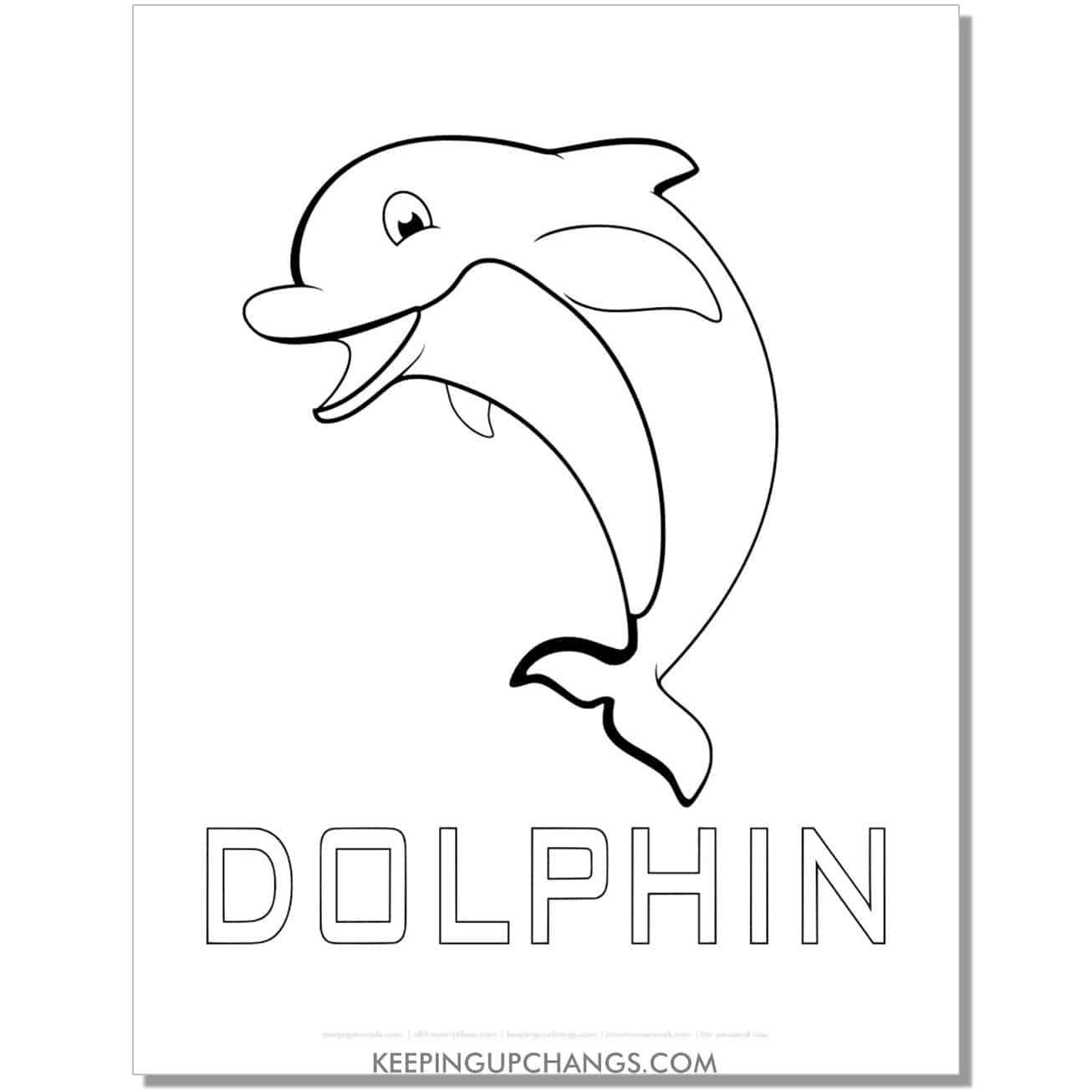 free dolphin with word coloring page, sheet.