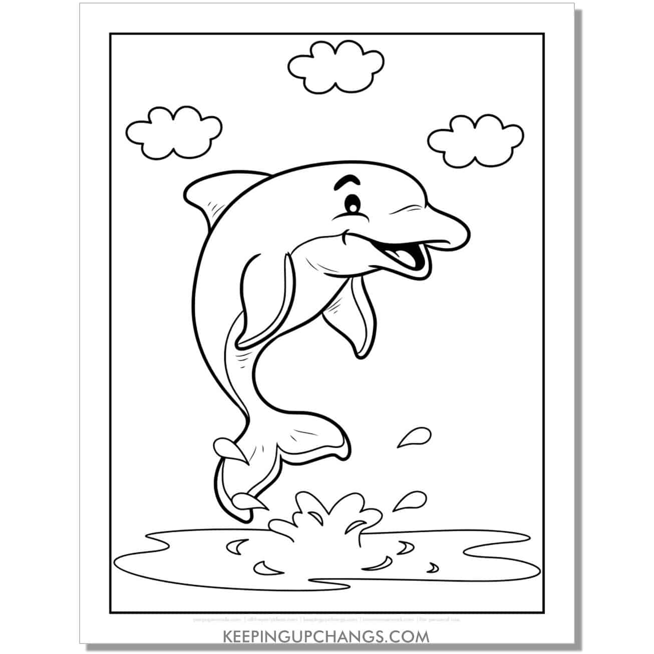 free dolphin with clouds in the sky coloring page, sheet.