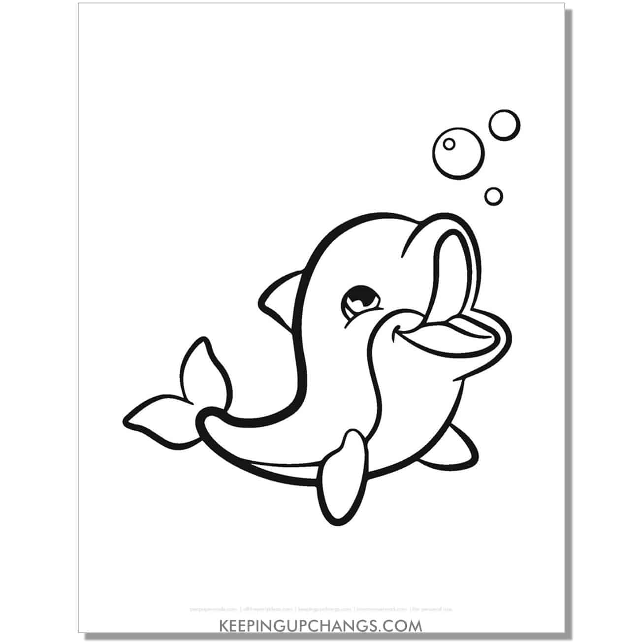 free baby dolphin blowing bubbles coloring page, sheet.