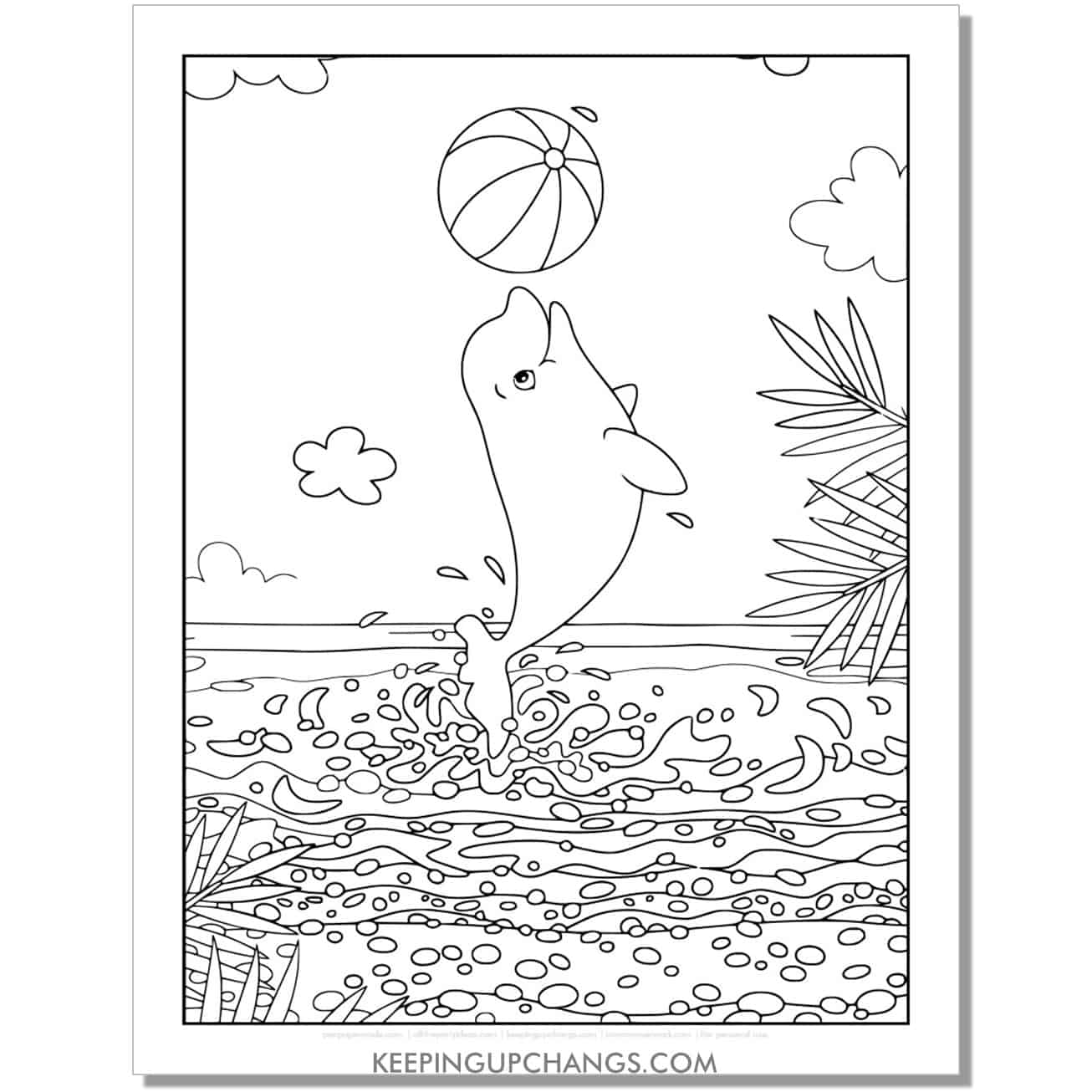 free dolphin bouncing ball on nose detailed coloring page, sheet.