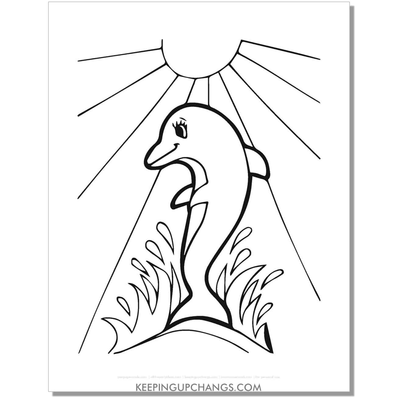free dolphin with sun rays shining down coloring page, sheet.