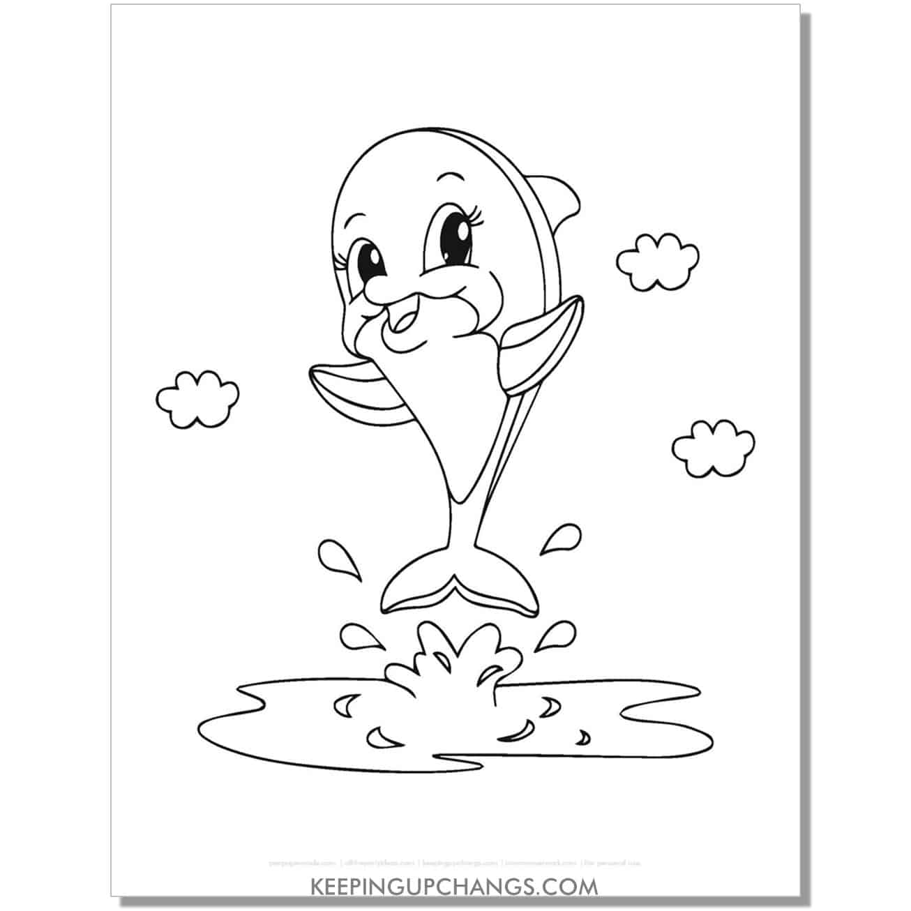 free girl dolphin splashing out of water coloring page, sheet.