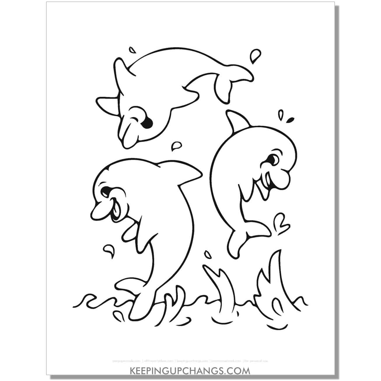 free three playing dolphins coloring page, sheet.