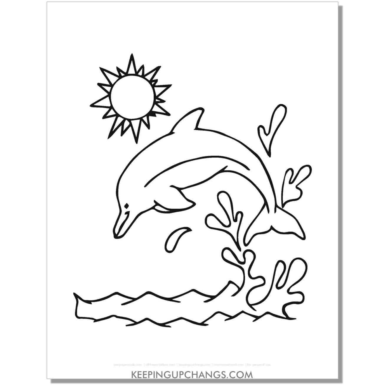 free dolphin jumping into water coloring page, sheet.