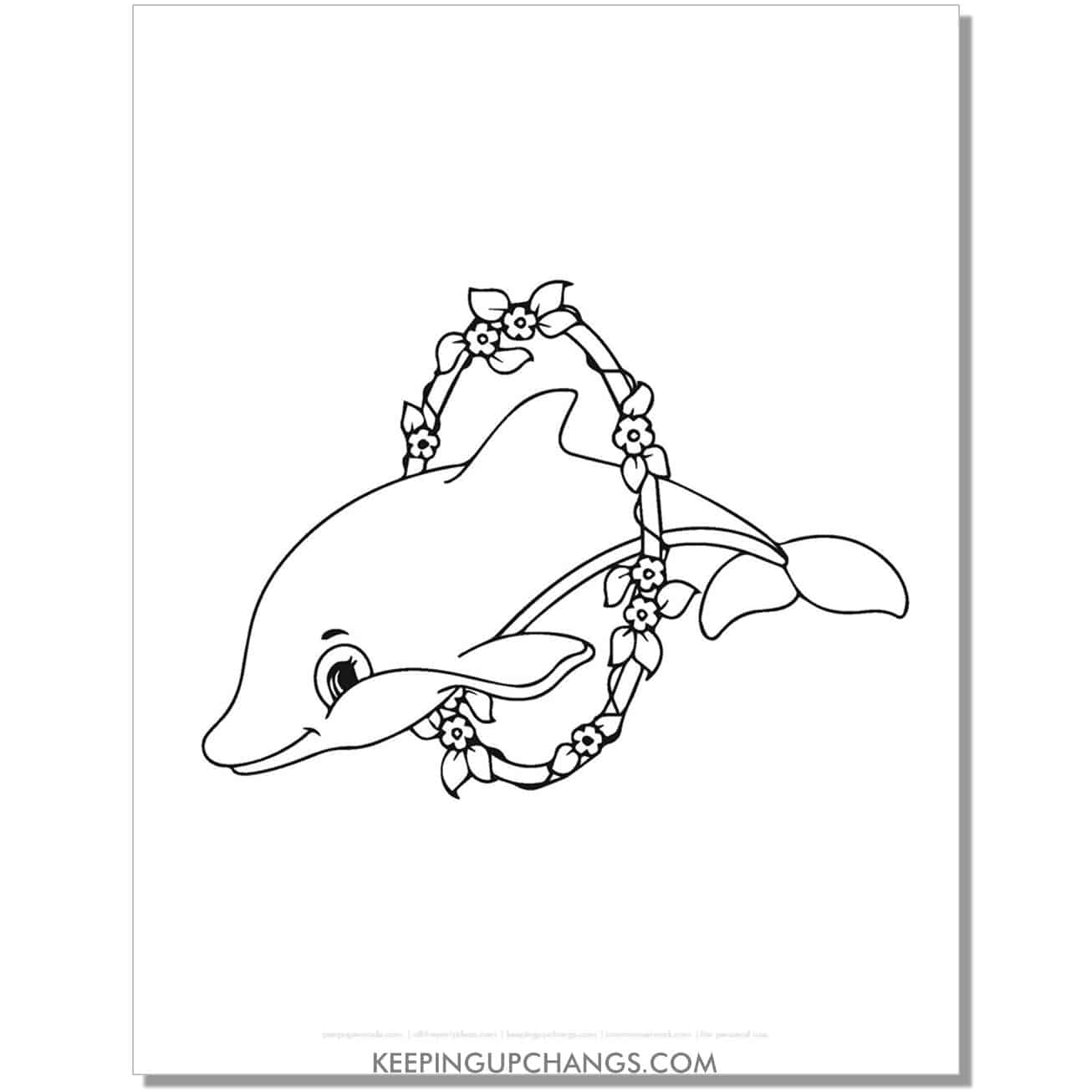 free dolphin jumping through hoop of flowers coloring page, sheet.