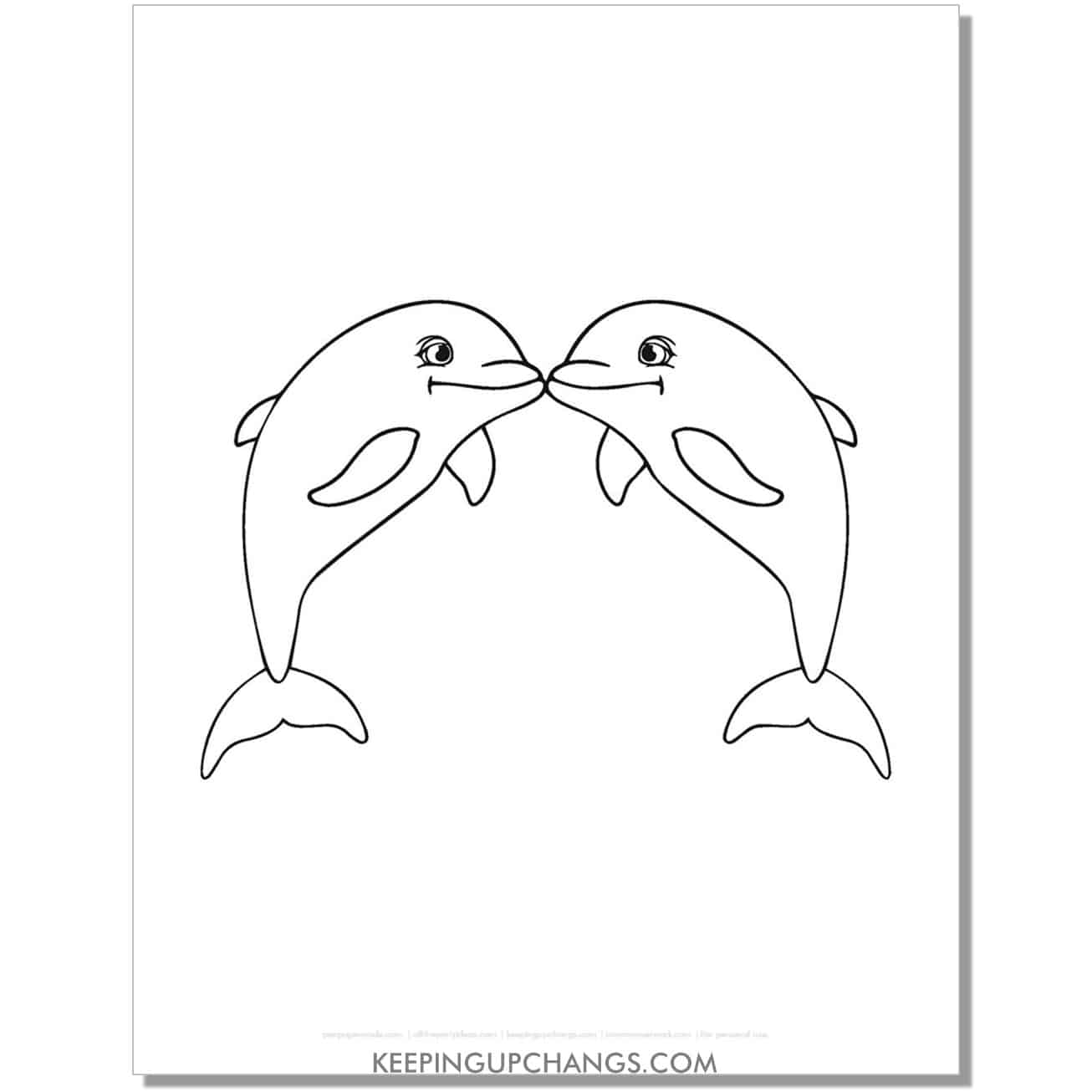 free dolphins kissing coloring page, sheet.
