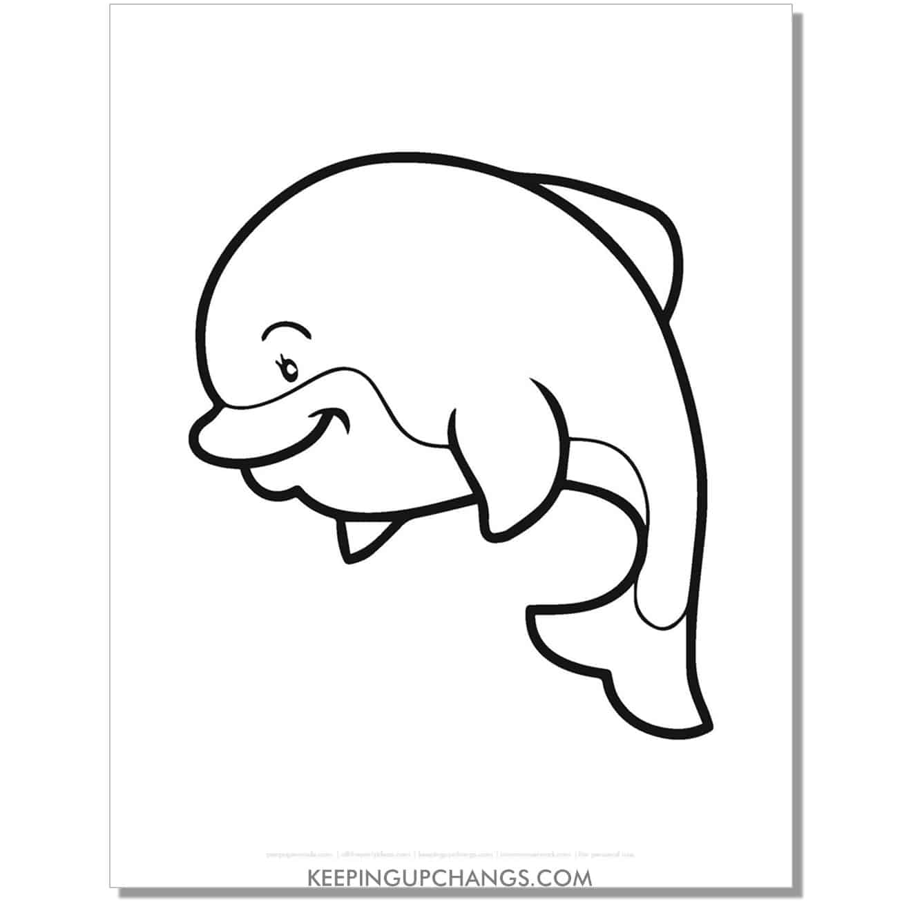 free dolphin with large head coloring page, sheet.