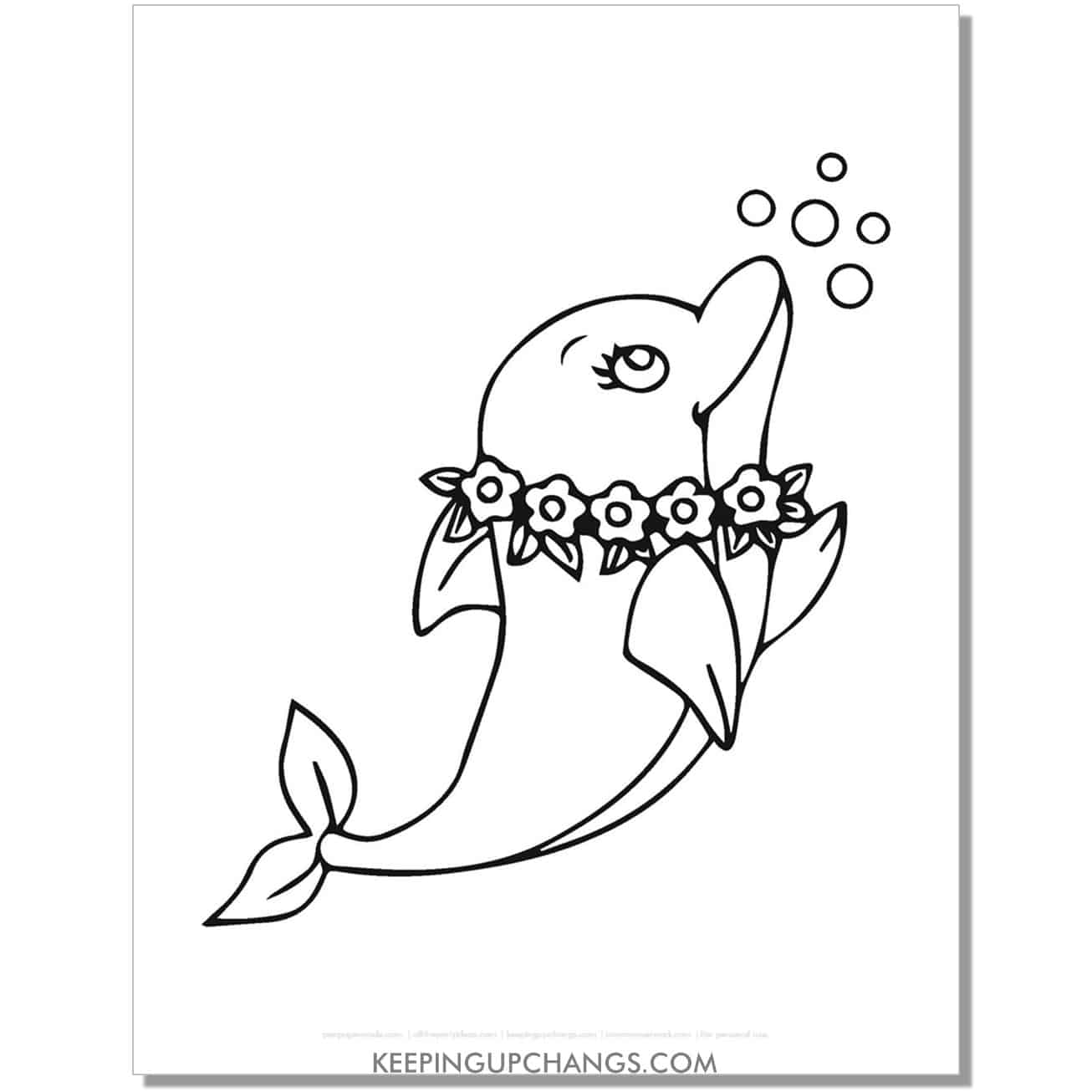 free dolphin wearing flower lei necklace coloring page, sheet.