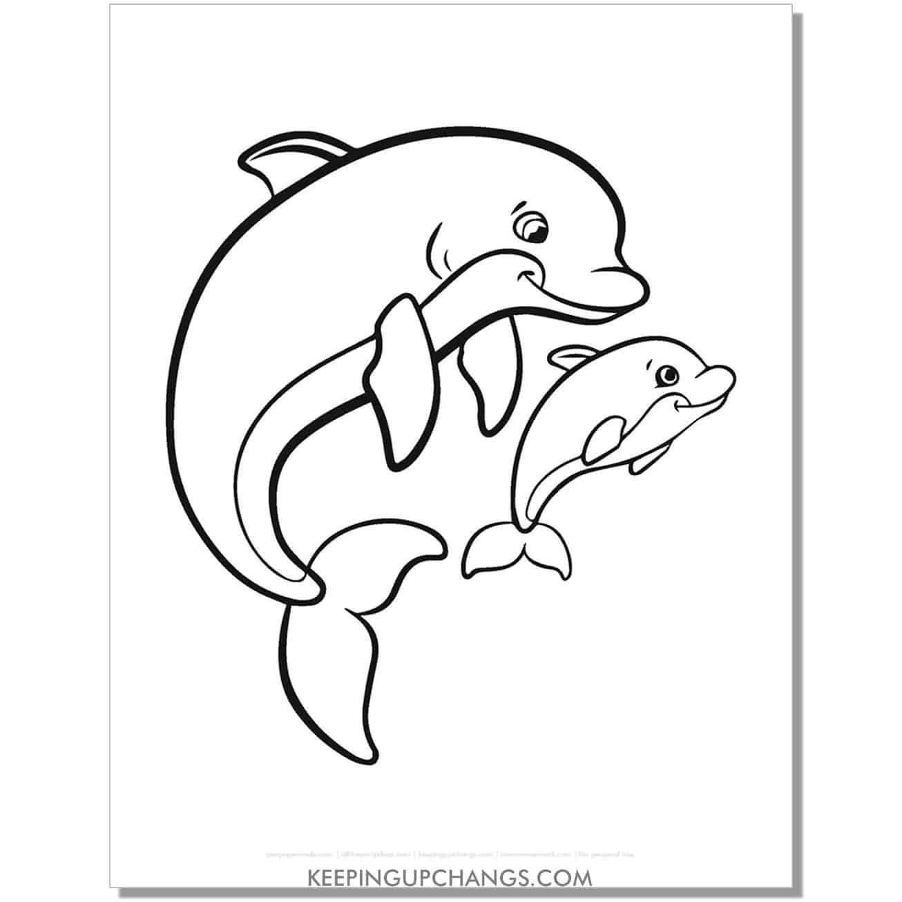 free dolphin mom and baby coloring page, sheet.