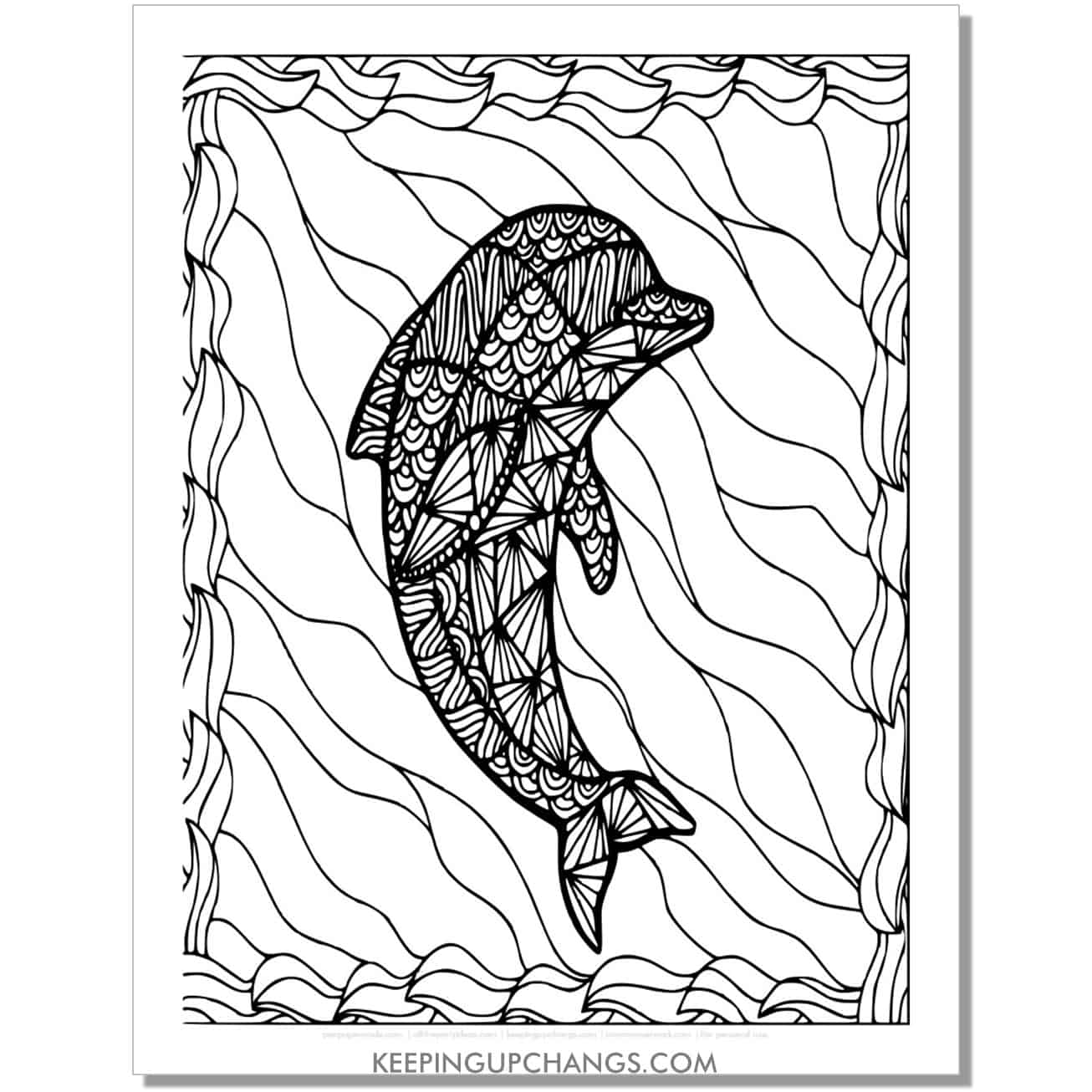 free dolphin abstract mandala zentangle coloring page, sheet.