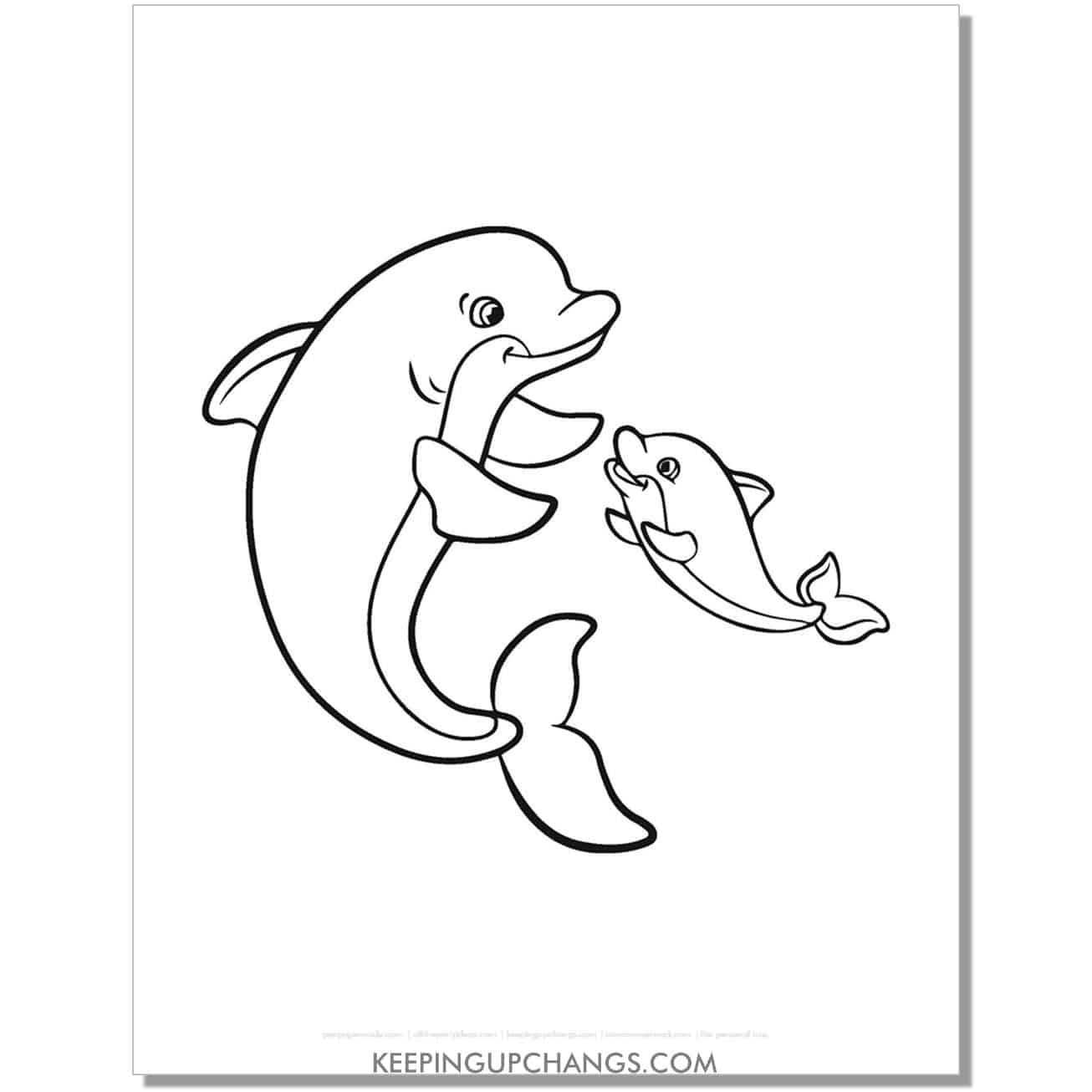 free baby dolphin swimming to mother coloring page, sheet.
