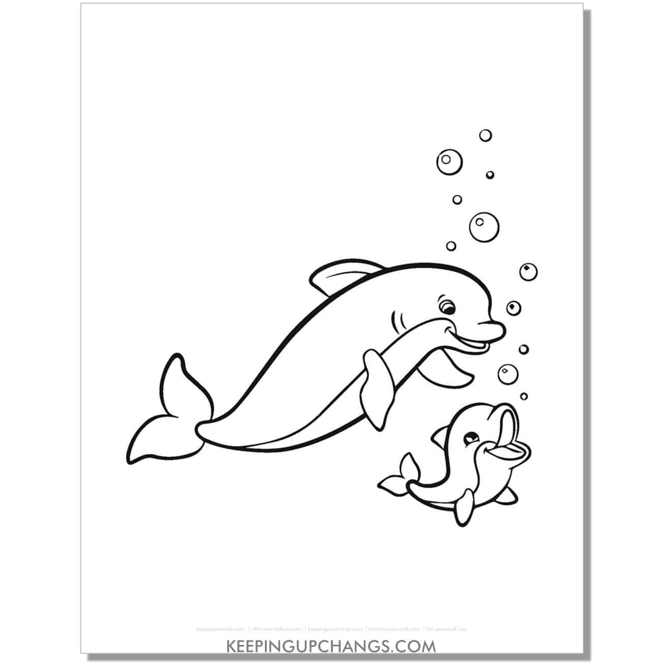 free mom and baby dolphin blowing bubbles coloring page, sheet.