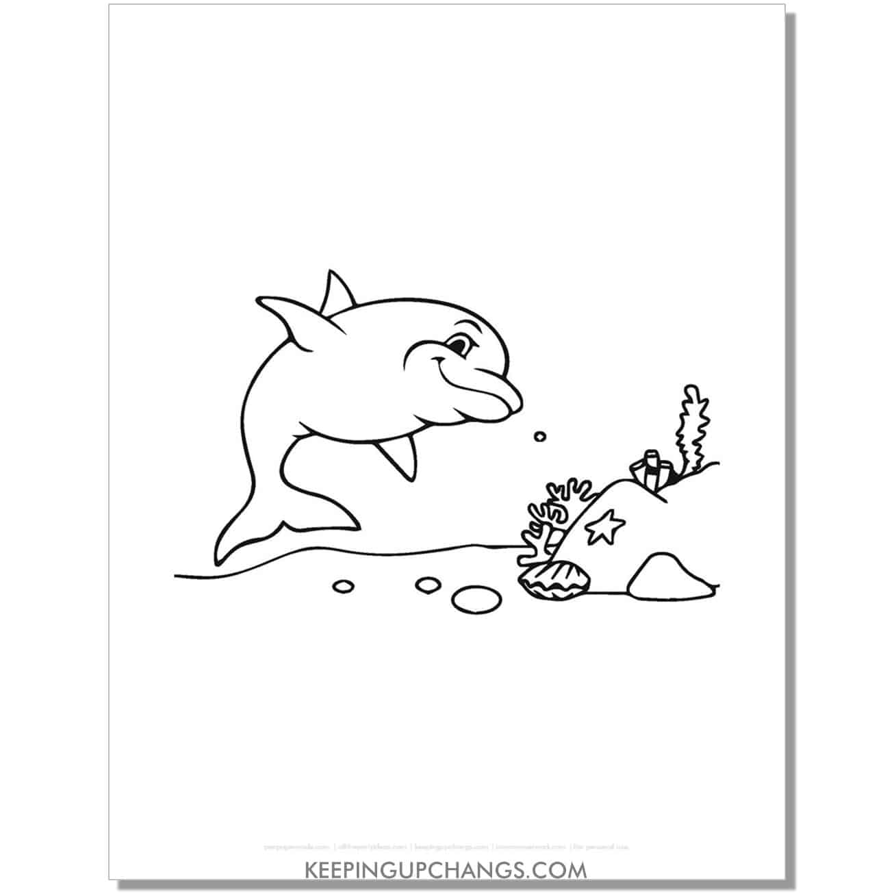 free dolphin on ocean floor coloring page, sheet.
