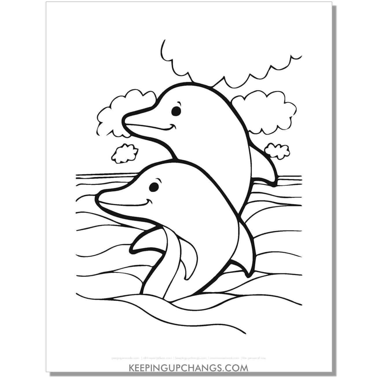 free dolphin pair swimming above water coloring page, sheet.