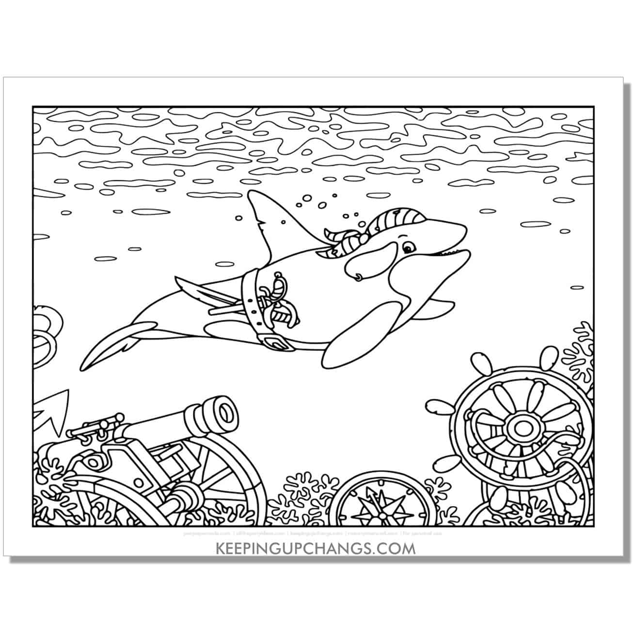 free dolphin pirate coloring page, sheet.