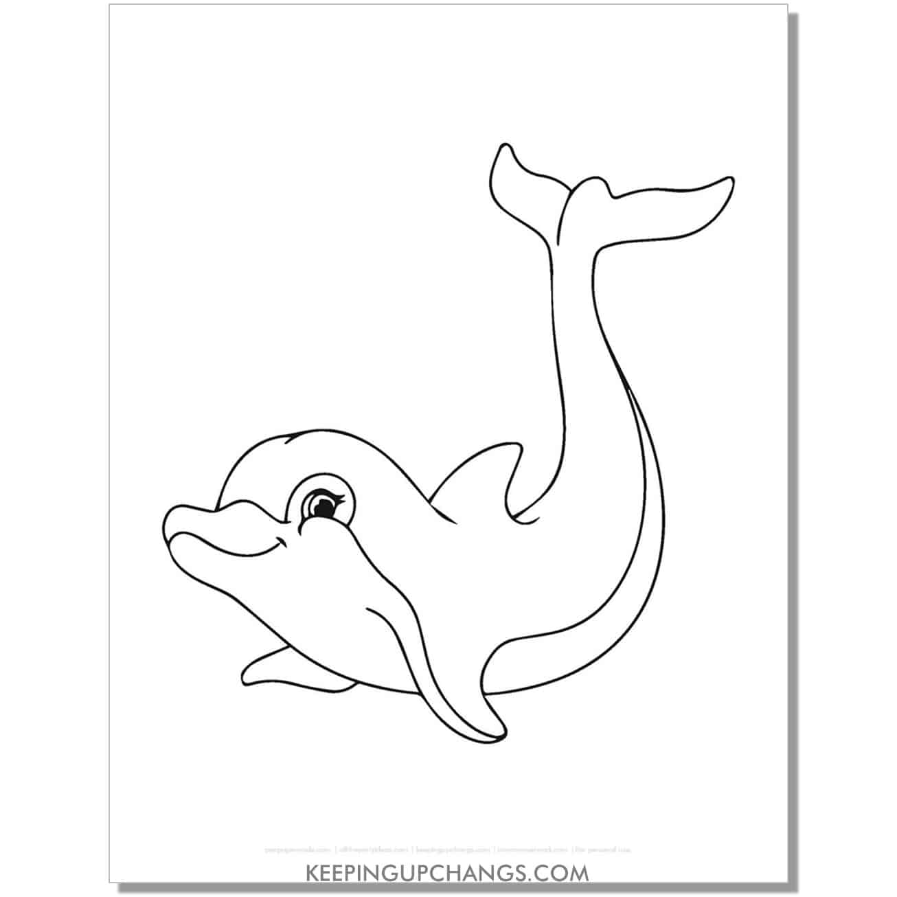 free dolphin with tail above head coloring page, sheet.